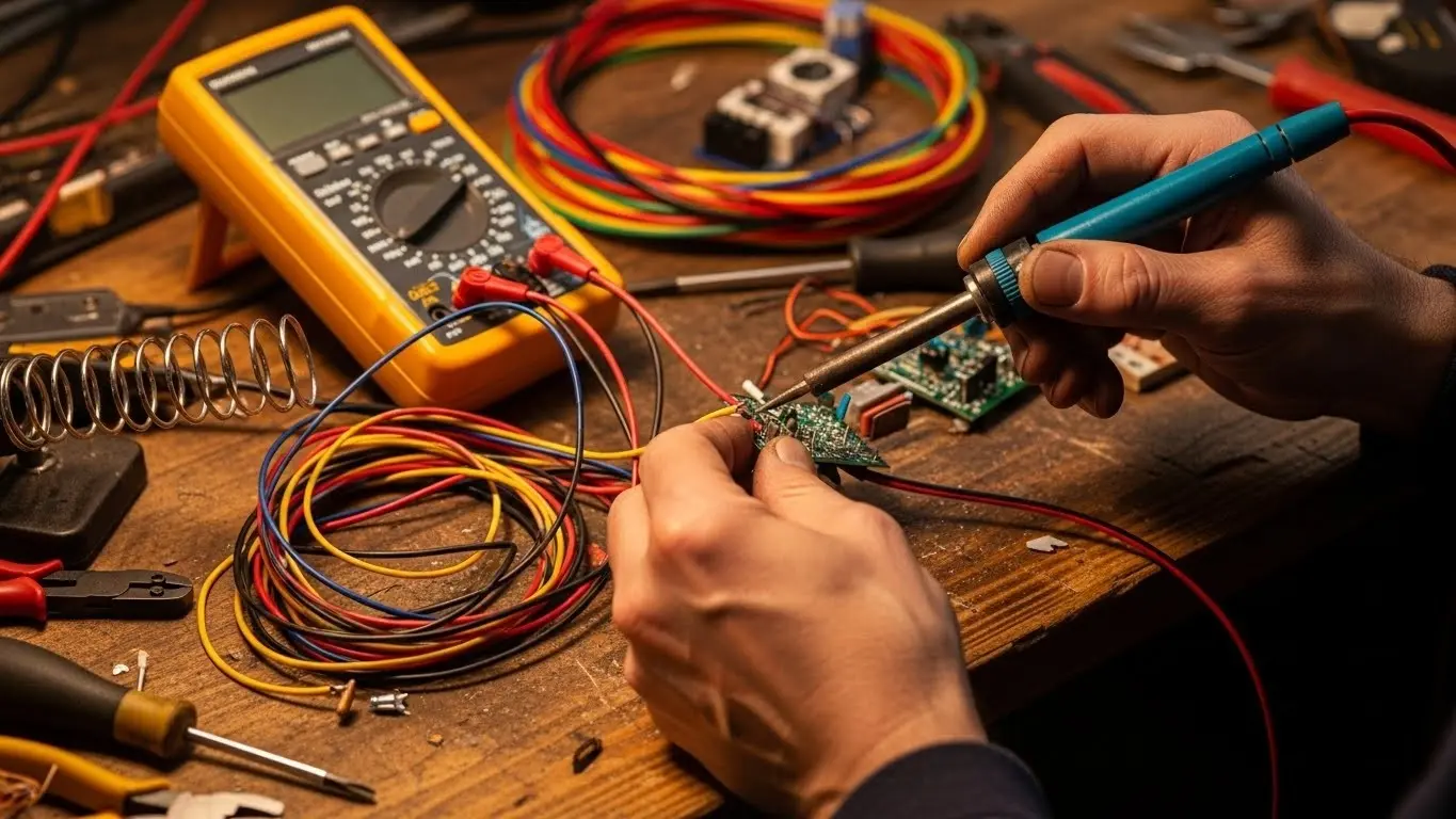 Technician soldering wires onto circuit board.