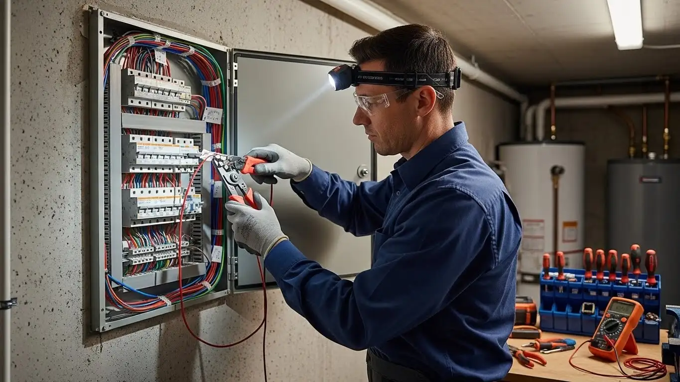 Technician stripping wires at circuit box.