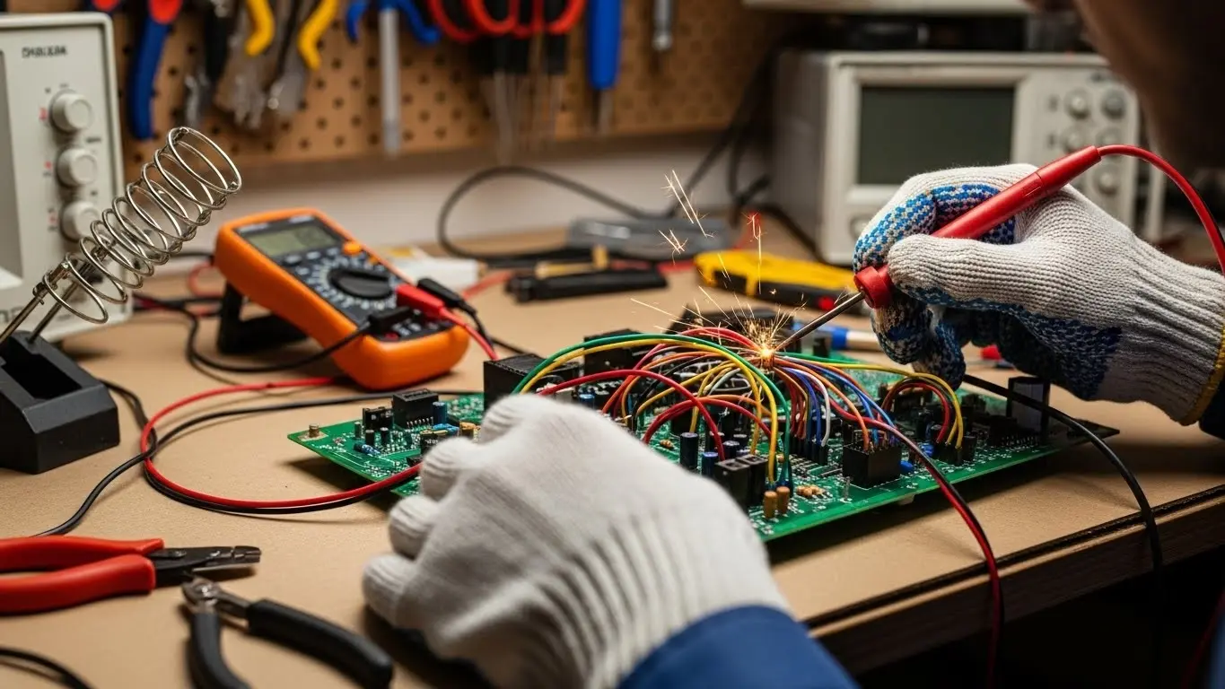 Technician stripping wires at circuit box.