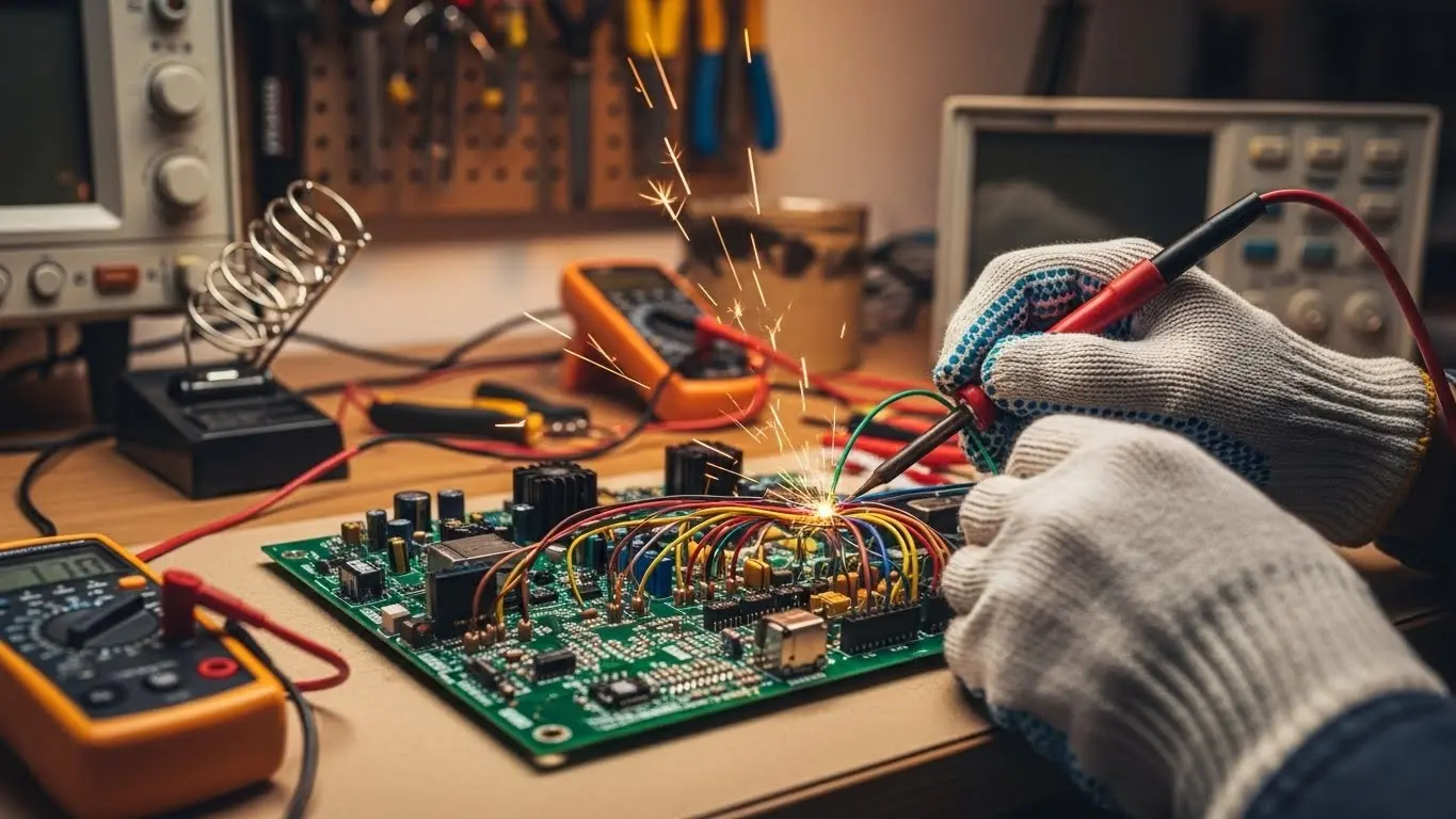 Technician stripping wires at circuit box.