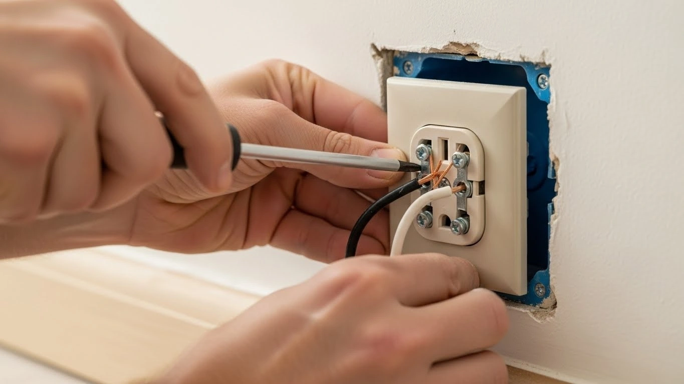 Hands wiring an electrical wall outlet.