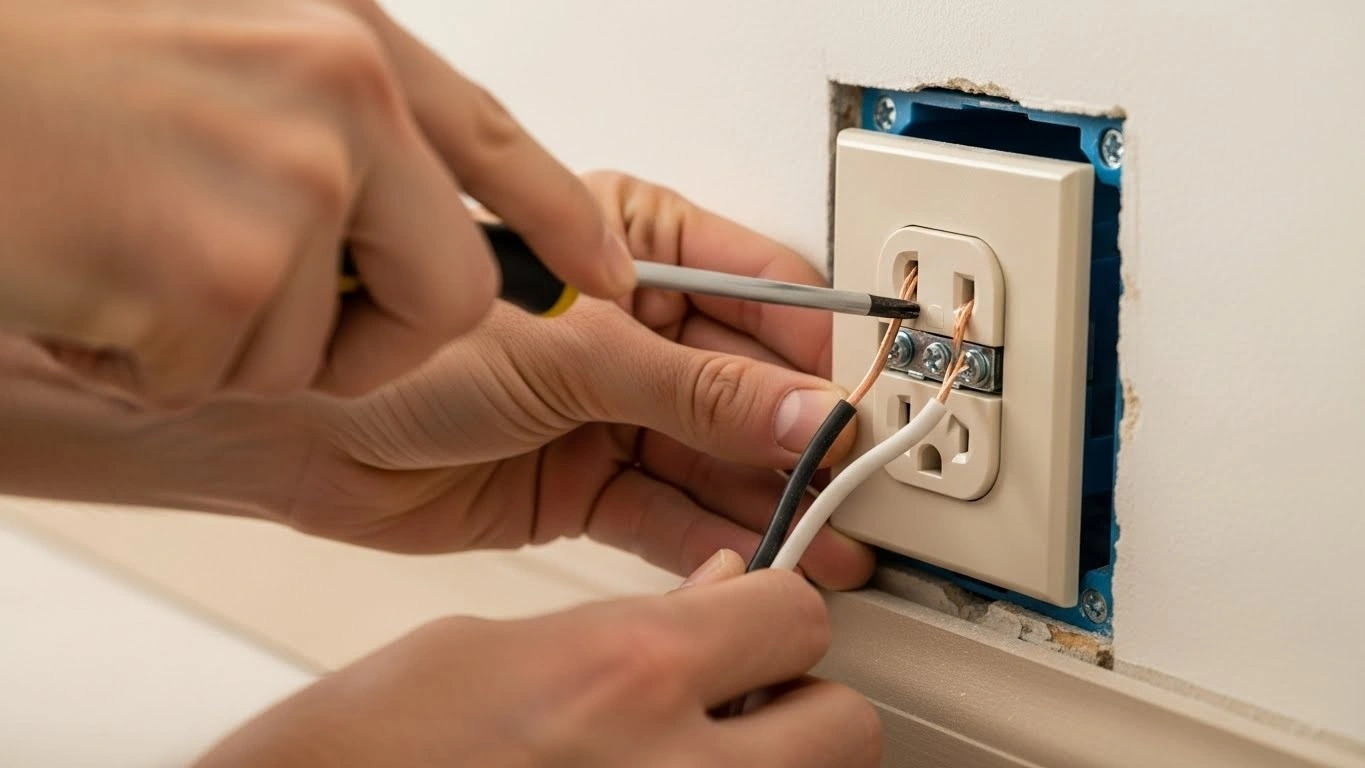 Hands installing an electrical wall outlet.