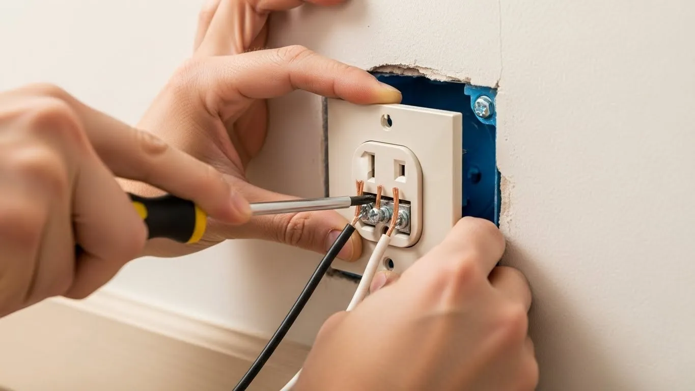 Hands connecting wires to wall outlet.