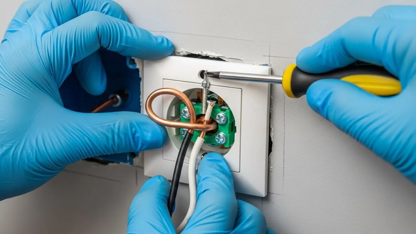Hands wiring an electrical wall outlet.
