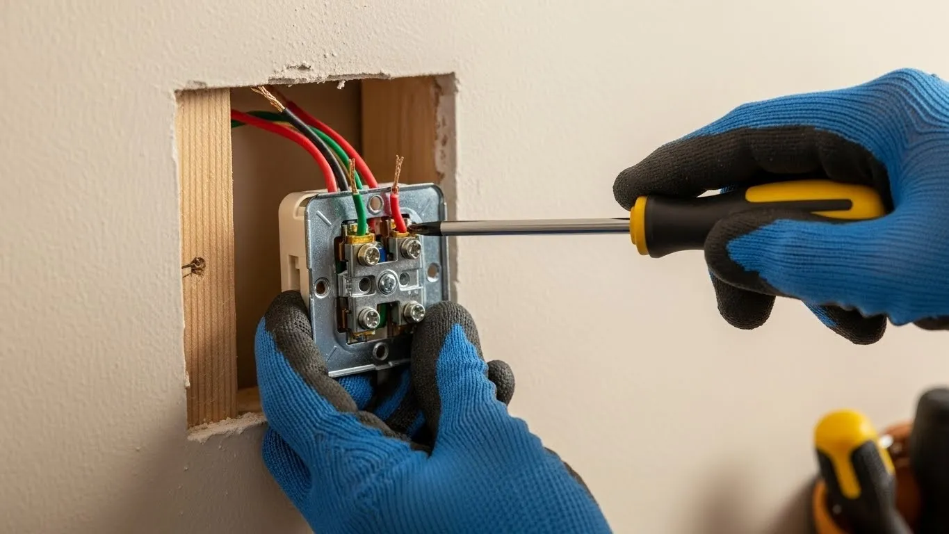 Hands connecting wires to wall outlet.