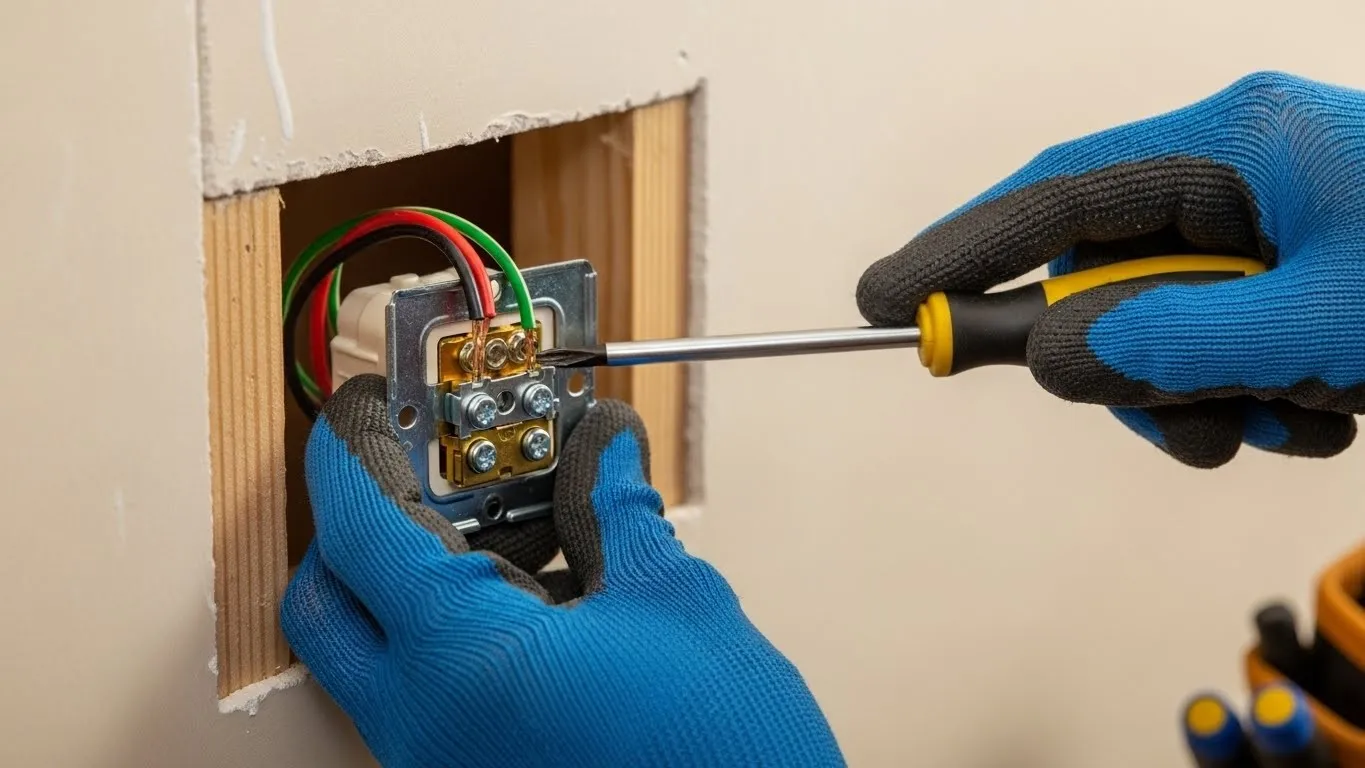 Hands installing an electrical wall outlet.