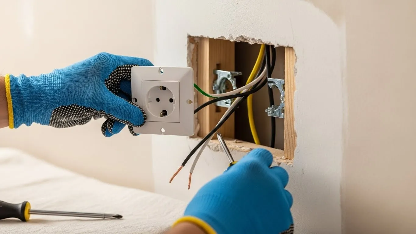 Hands connecting wires to wall outlet.