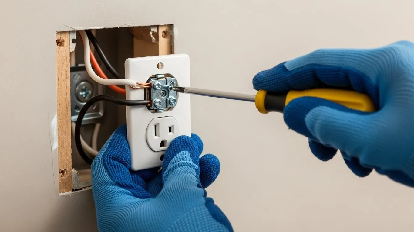 Hands connecting wires to wall outlet.