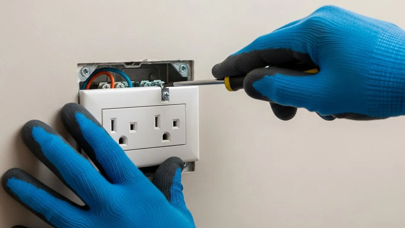 Hands connecting wires to wall outlet.