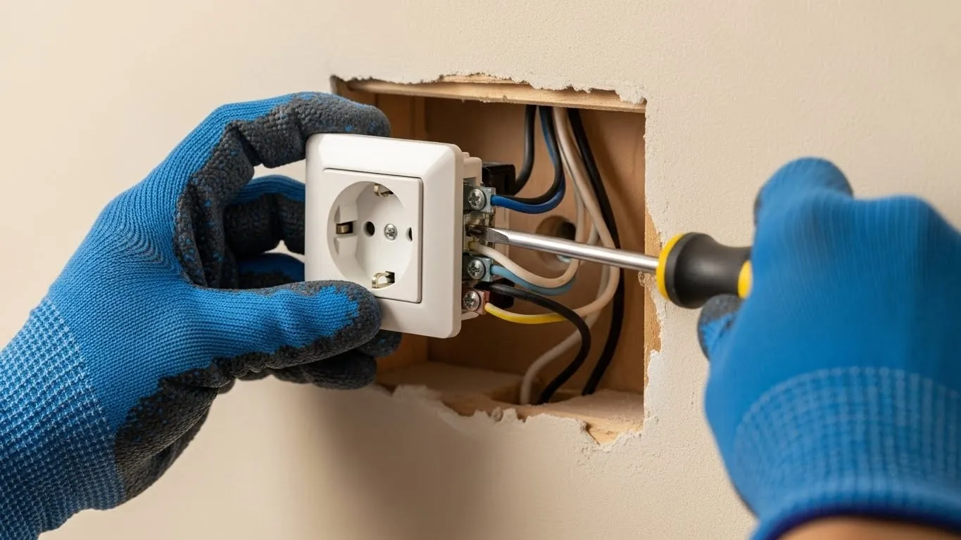 Hands connecting wires to wall outlet.