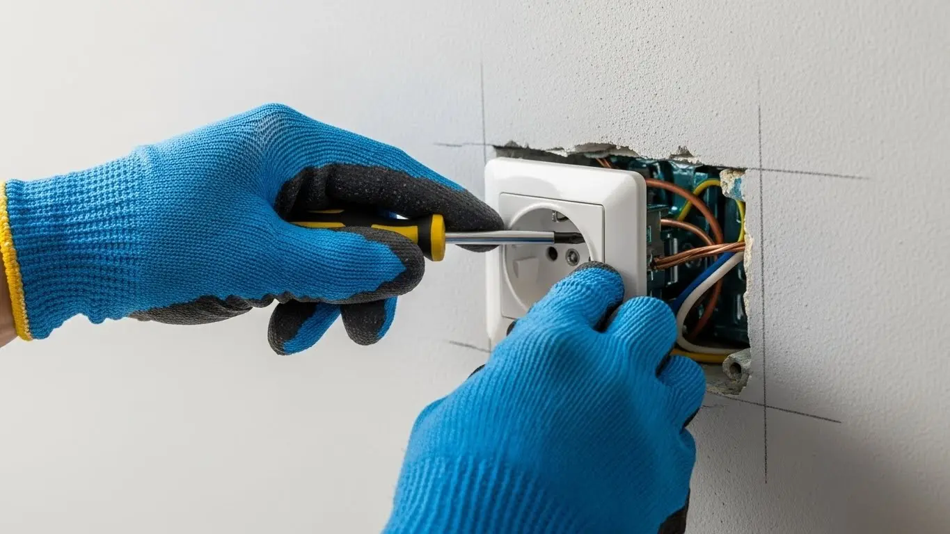 Electrician wiring a residential wall power outlet.