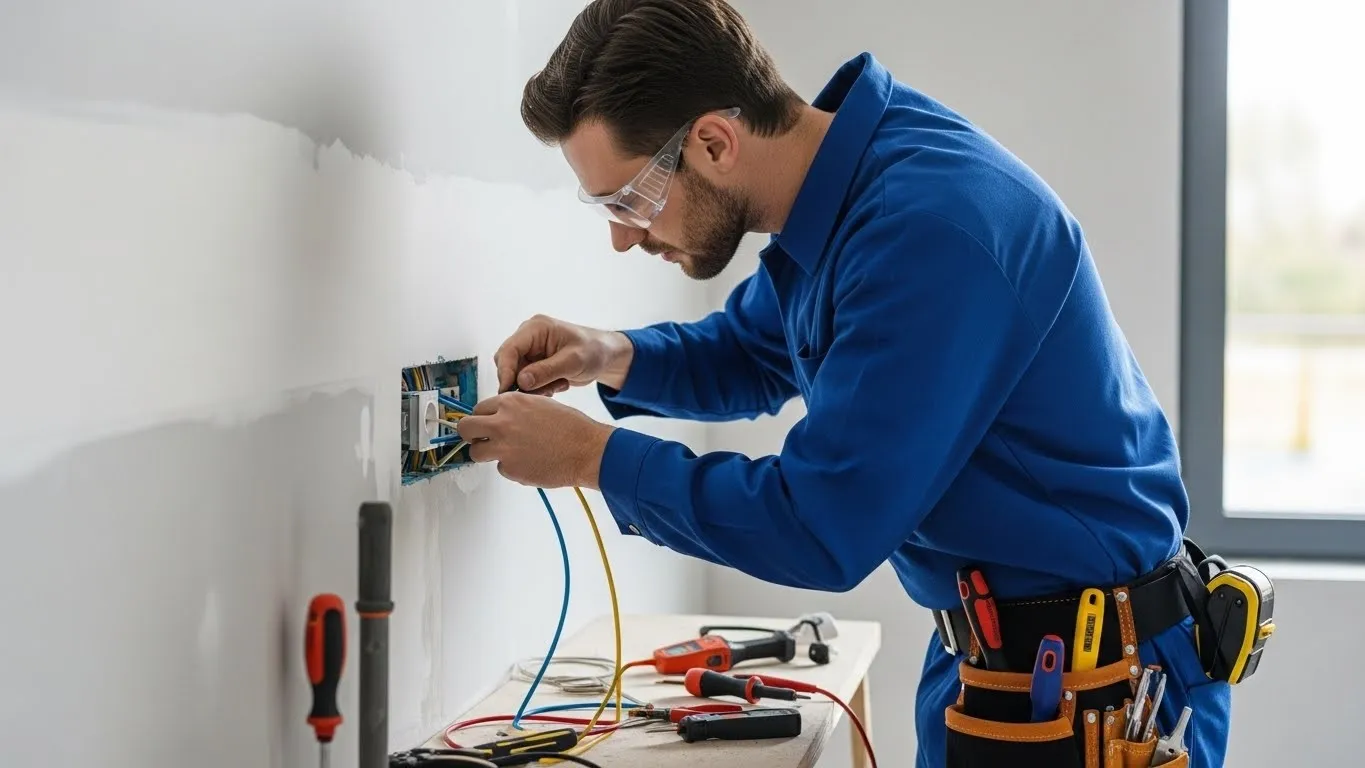 Electrician installs a modern wall electrical outlet.