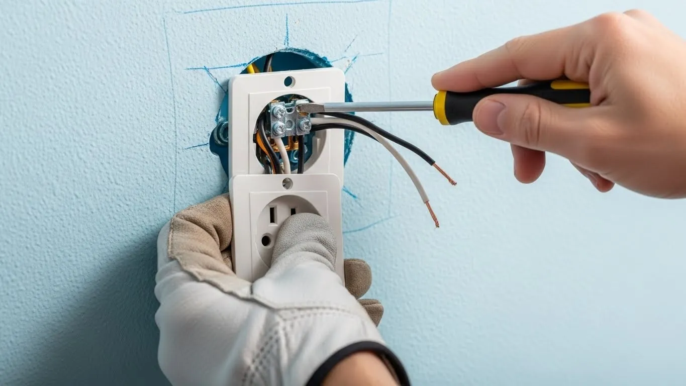 Electrician installing a residential power outlet plate.