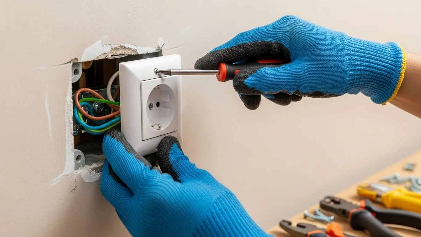 Electrician installing a residential wall electrical outlet.