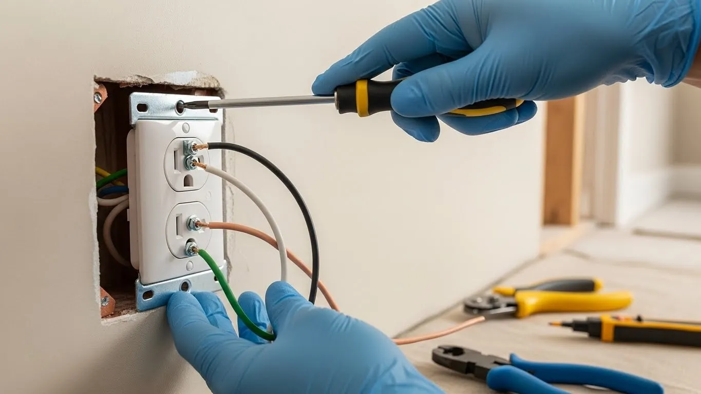Electrician connecting wires to power outlet.