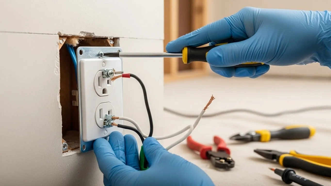 Electrician wiring a new electrical outlet.