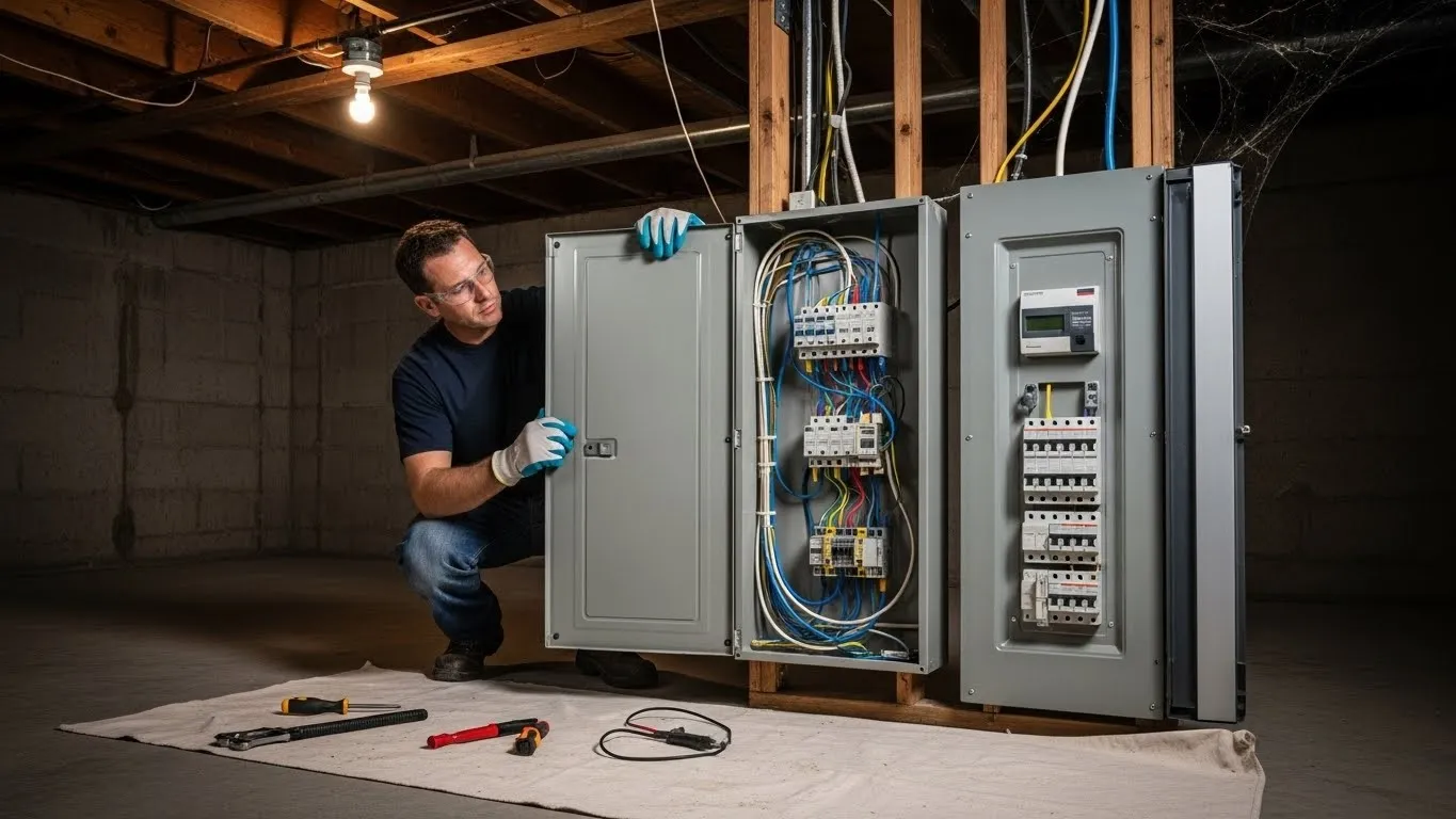 Man using screwdriver on electrical circuit breakers.
