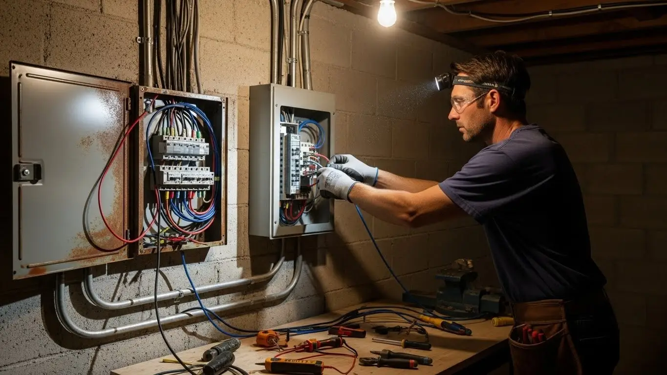 Electrician repairing a basement electrical panel.