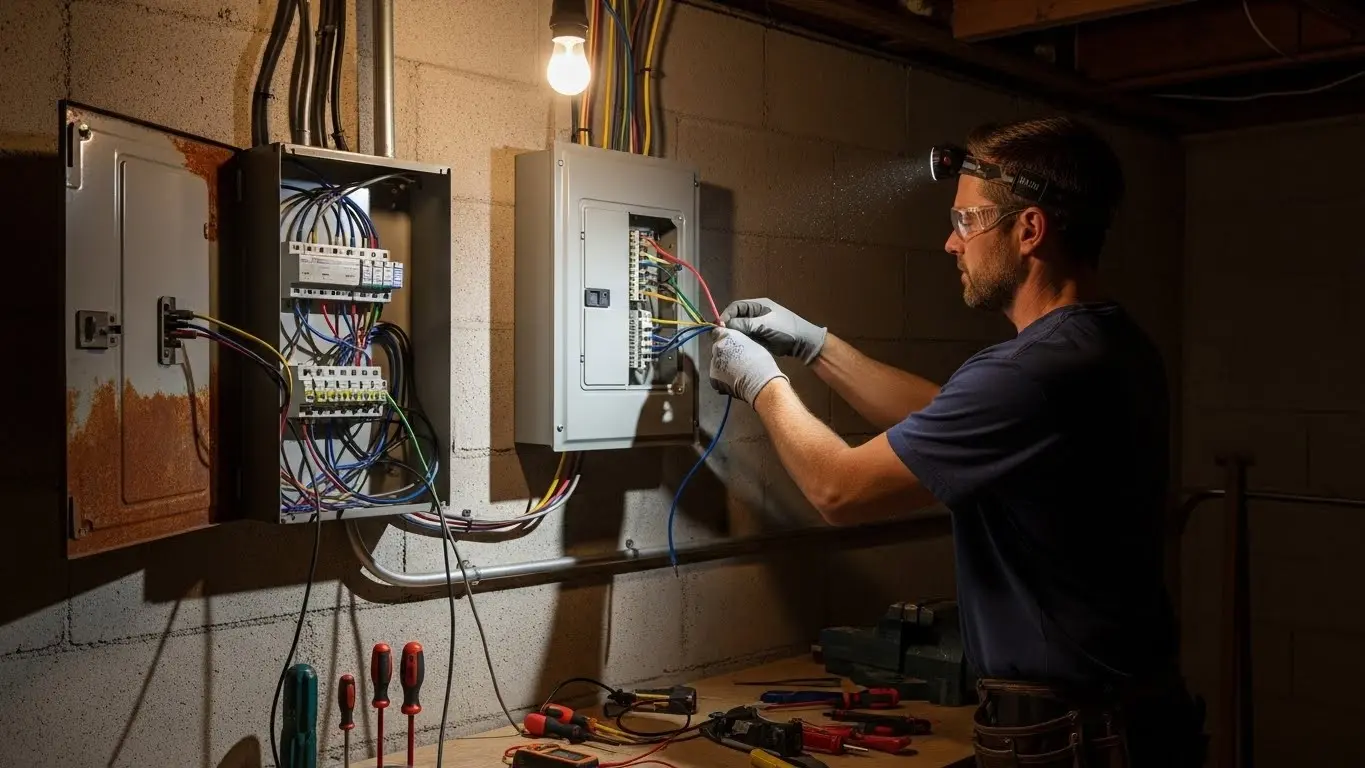Electrician inspecting basement fuse box panel.