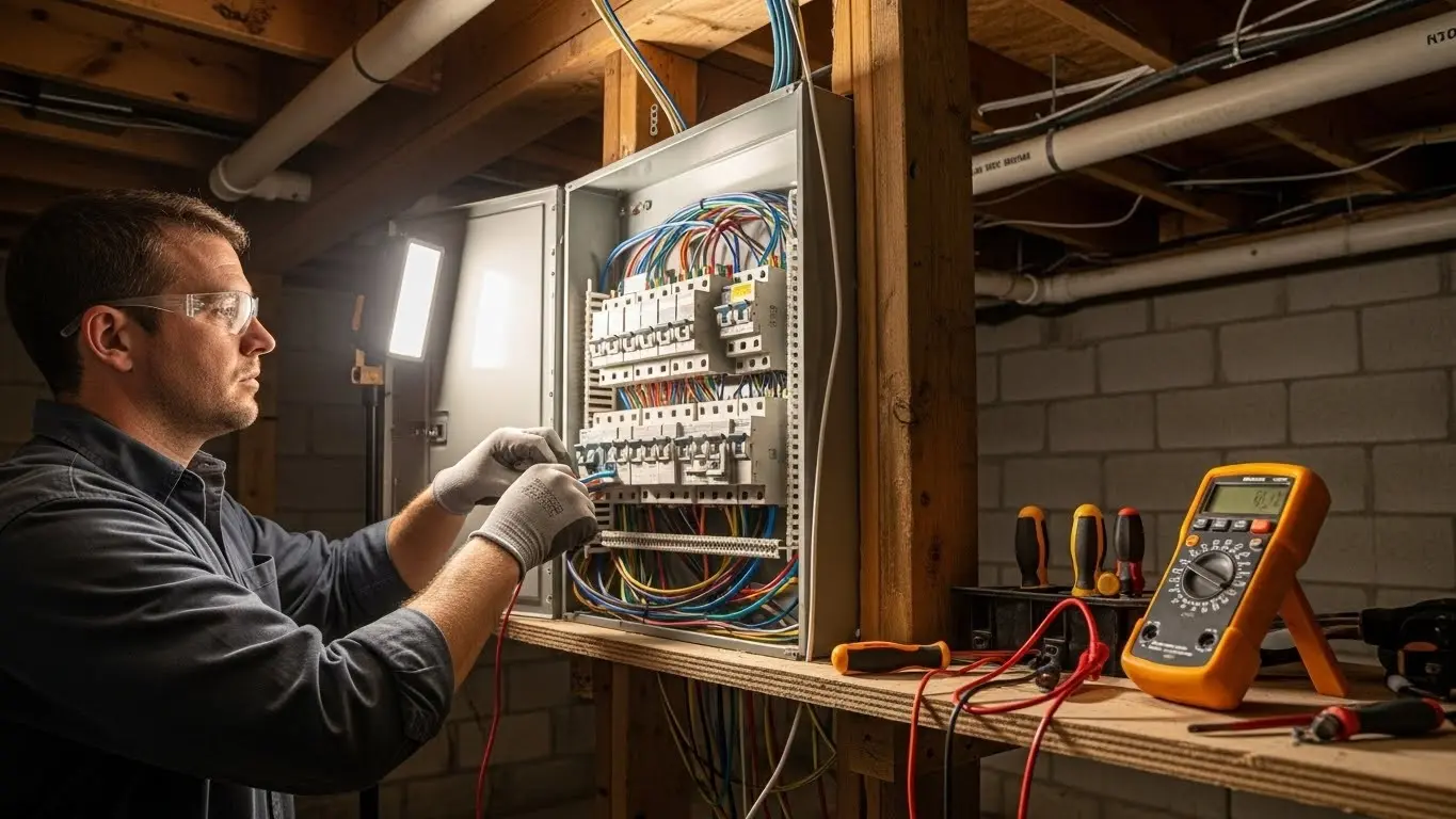 Electrician working on electrical panel board.
