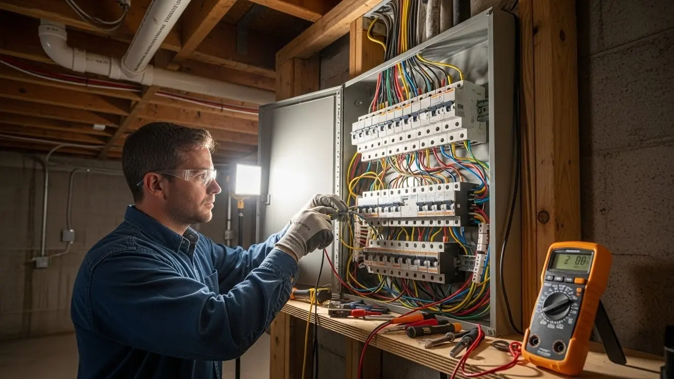 Electrician inspecting basement fuse box panel.