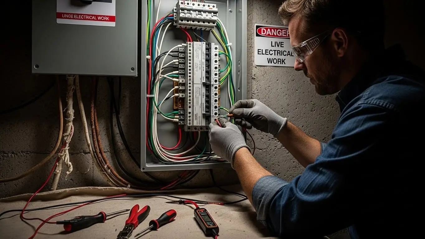 Electrician testing basement circuit breaker panel.