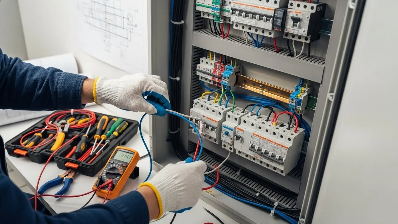 Electrician inspecting basement electrical panel unit.