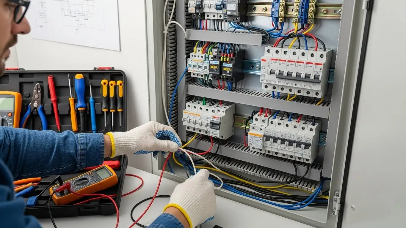 Electrician working on electrical panel board.