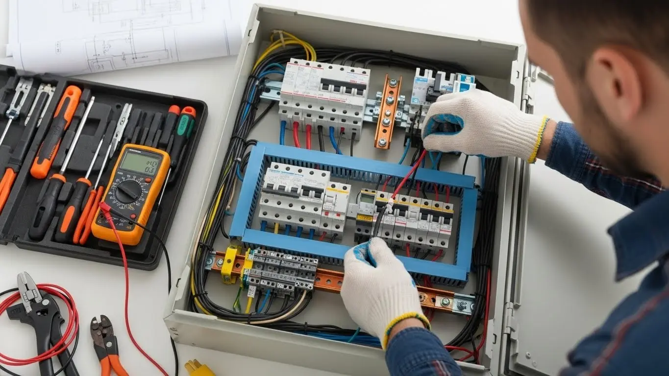 Electrician inspecting complex electrical control panel.