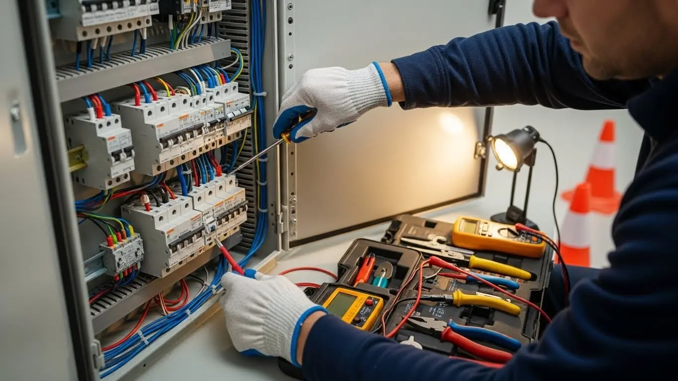 Electrician testing complex electrical control panel.
