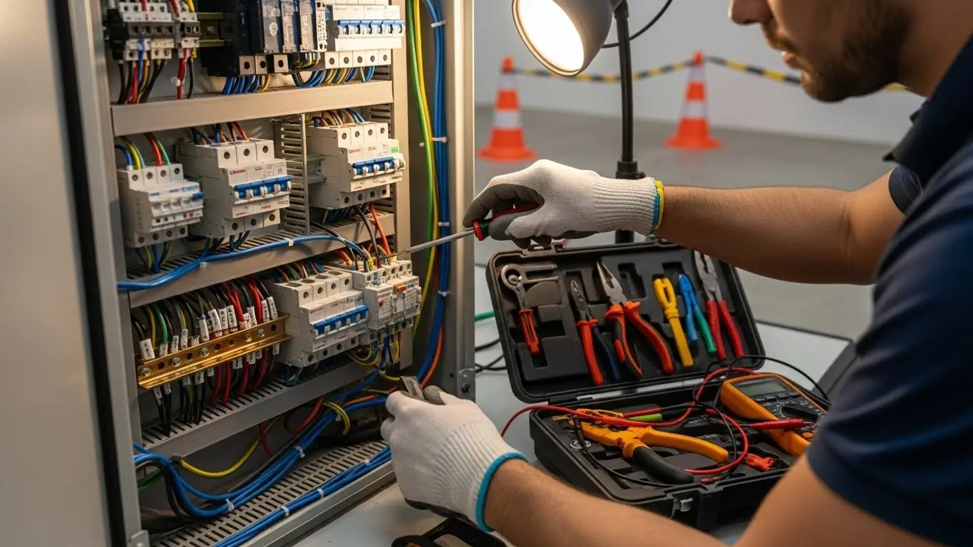 Electrician working on electrical breaker panel.