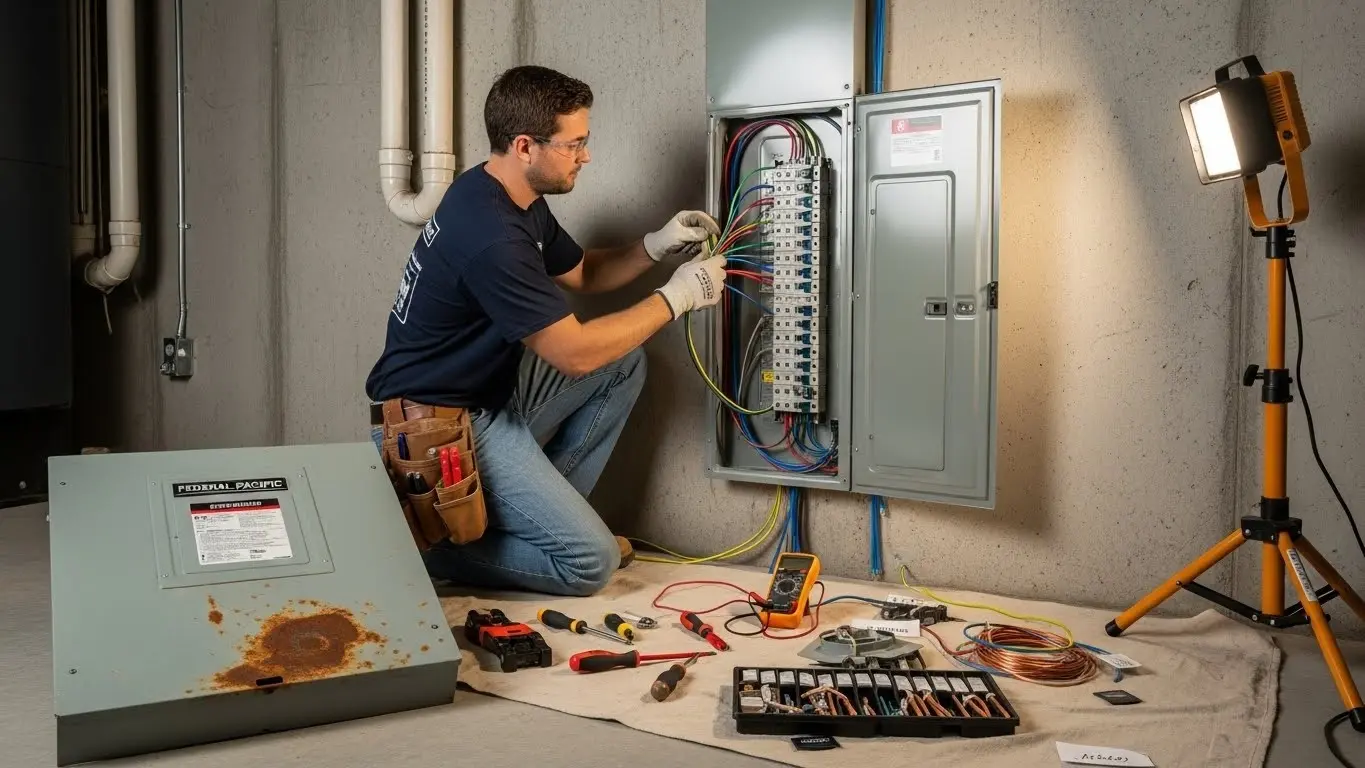 Electrician testing wiring in electrical panel.