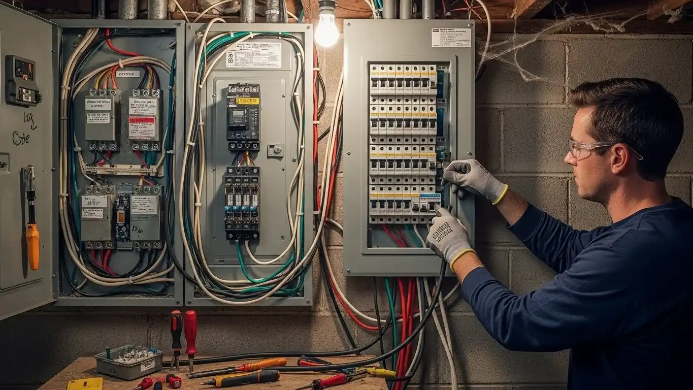 Electrician inspecting complex electrical control panel.