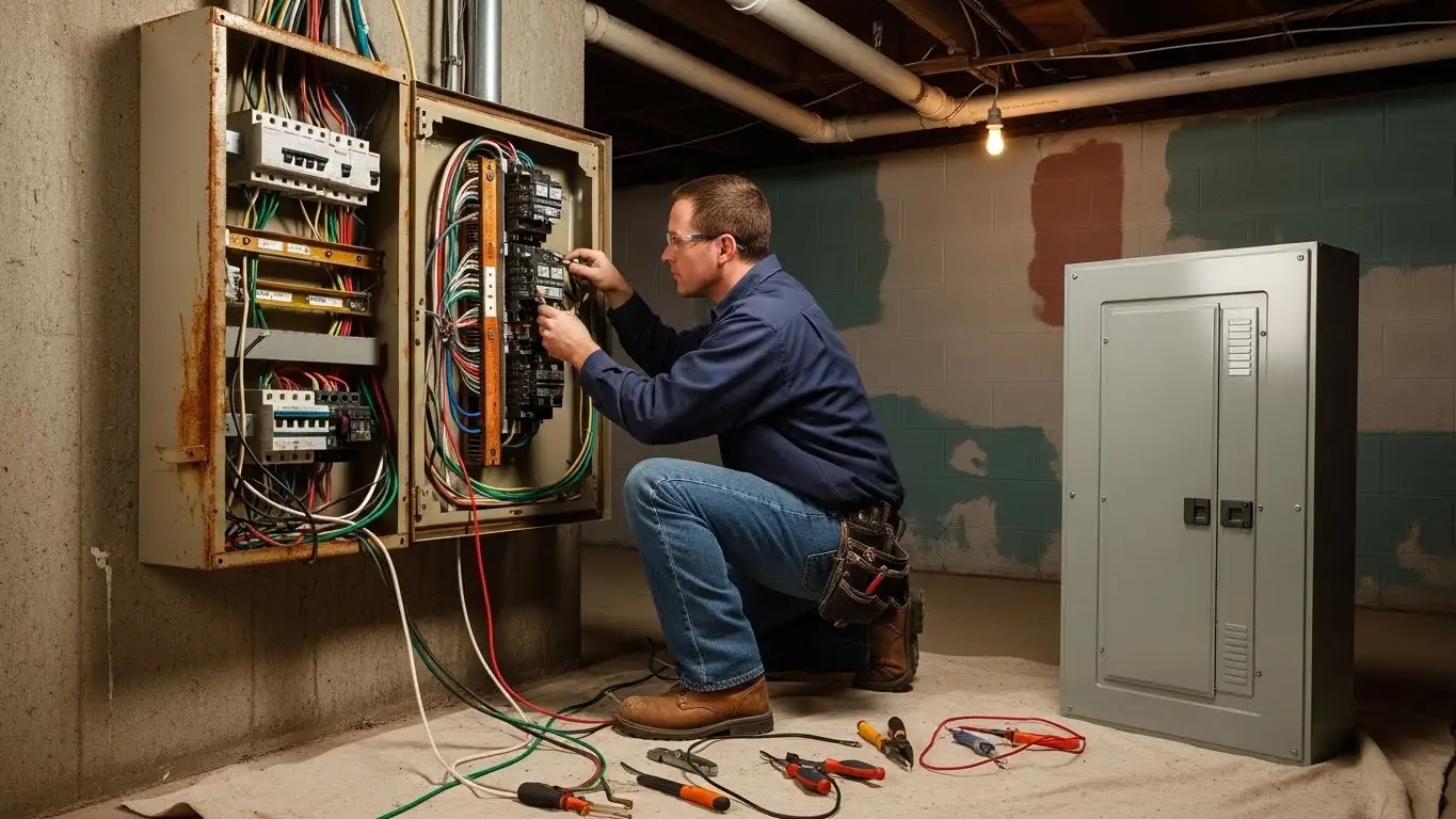 Electrician inspecting complex electrical control panel.