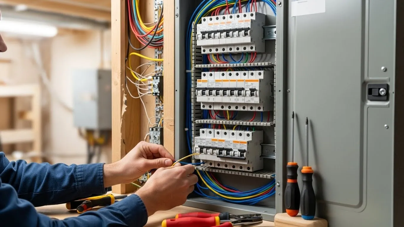 Electrician inspecting complex electrical control panel.