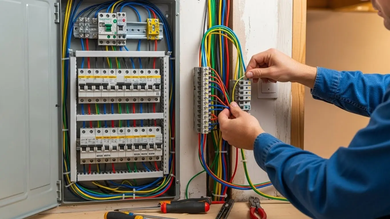 Electrician inspecting electrical circuit breaker panel.