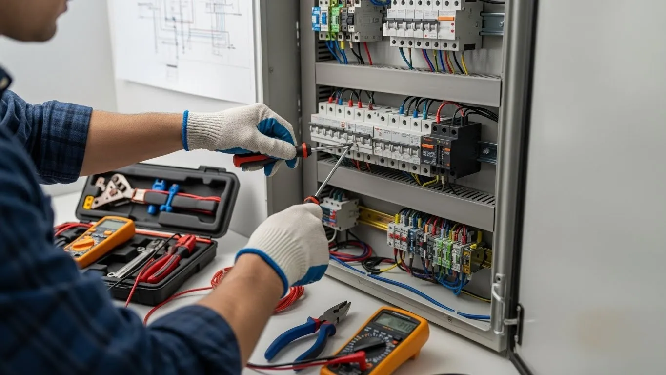 Electrician inspecting electrical circuit breaker panel.