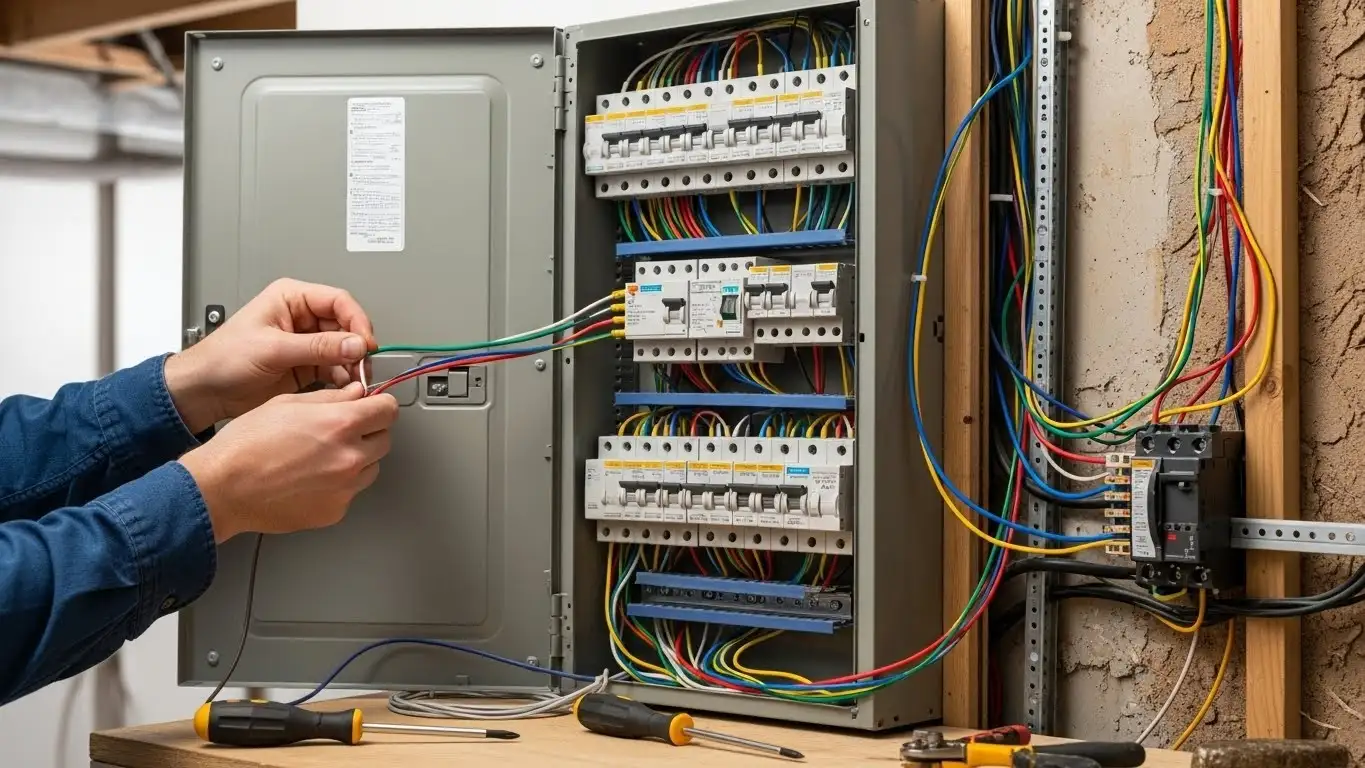 Electrician inspecting electrical circuit breaker panel.