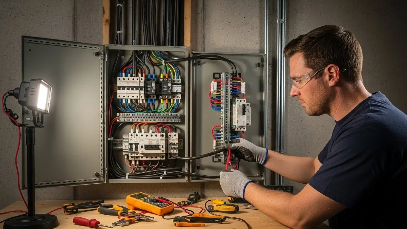 Electrician repairing a basement circuit breaker.