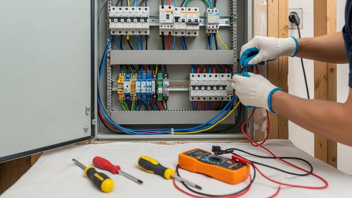 Electrician inspecting electrical circuit breaker panel.