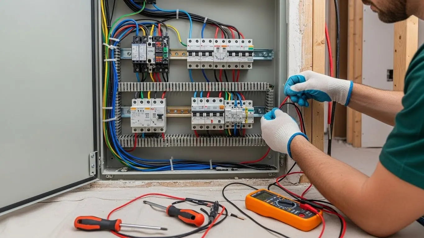 Electrician working on electrical breaker panel.