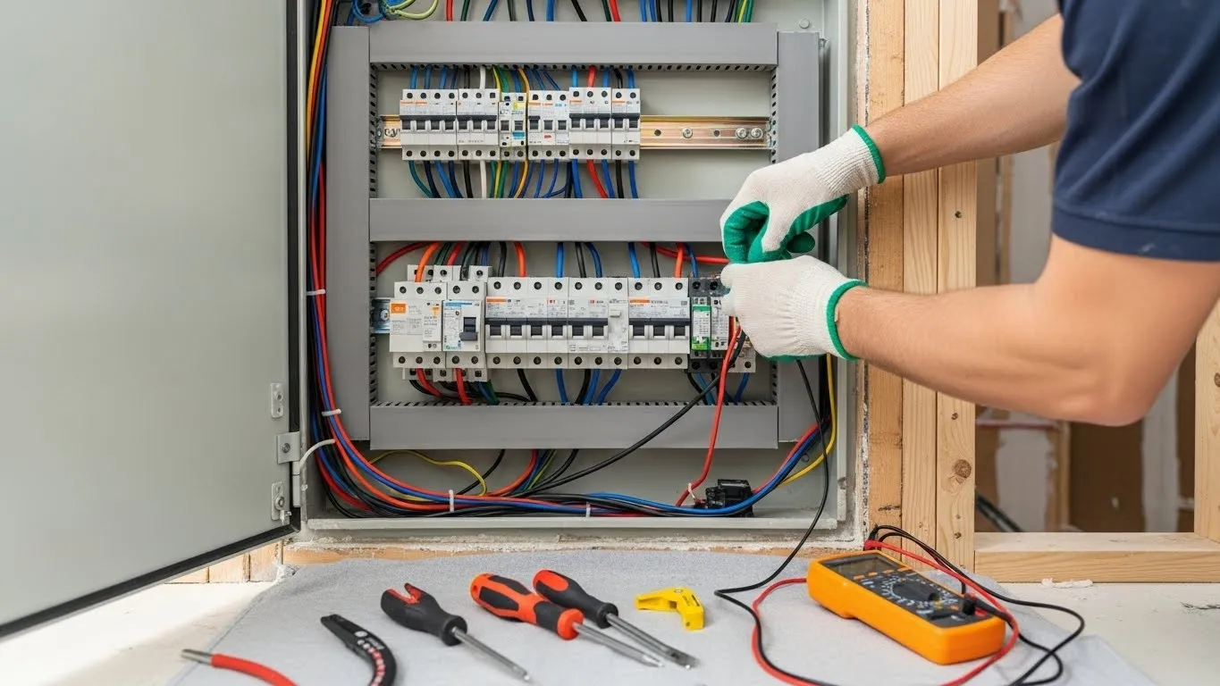 Electrician inspecting electrical circuit breaker panel.