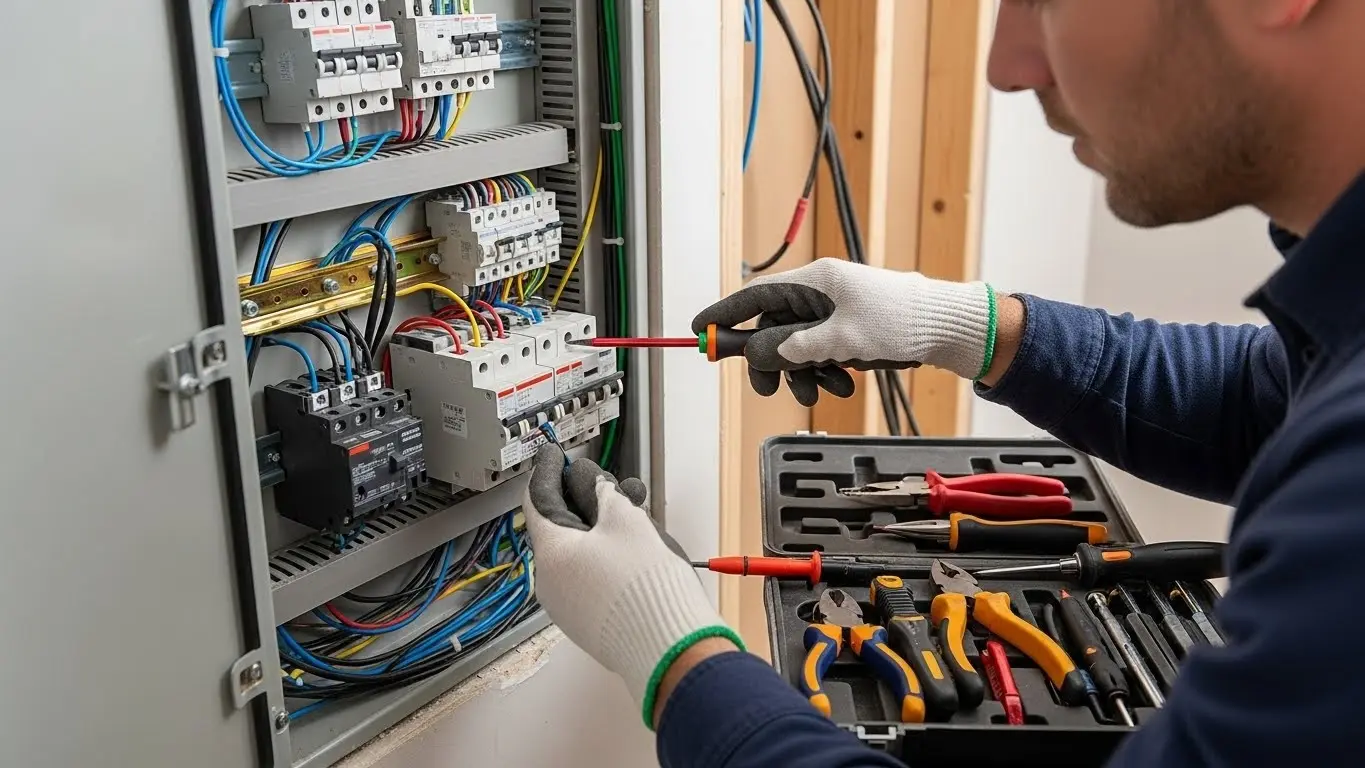 Electrician repairing a basement circuit breaker.