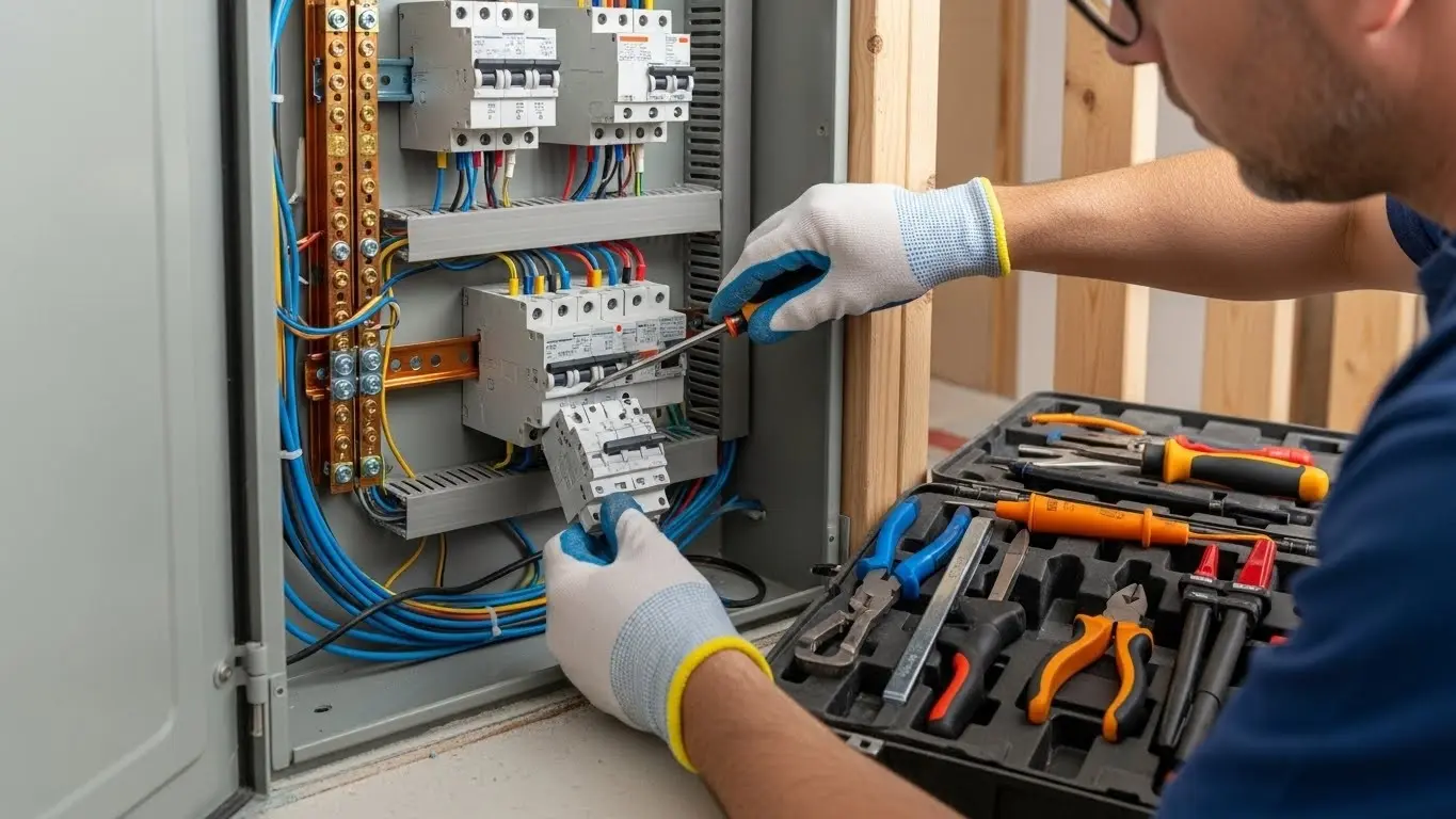 Electrician working on electrical breaker panel.