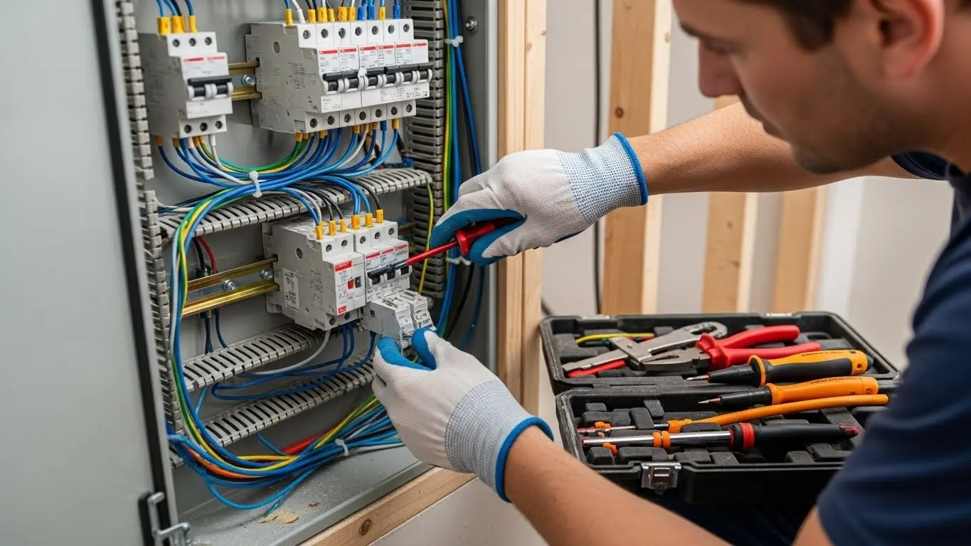 Electrician working on electrical control panel.