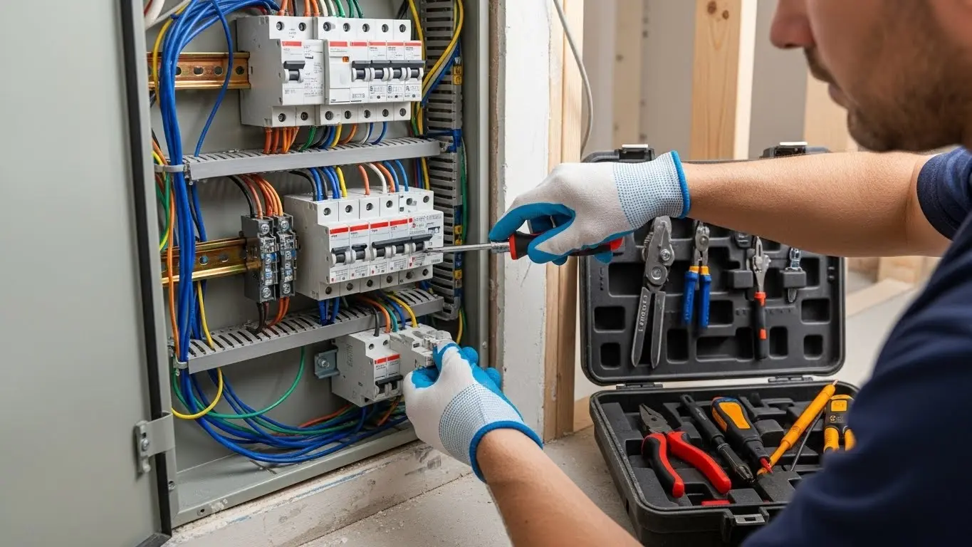 Electrician working on electrical breaker panel.
