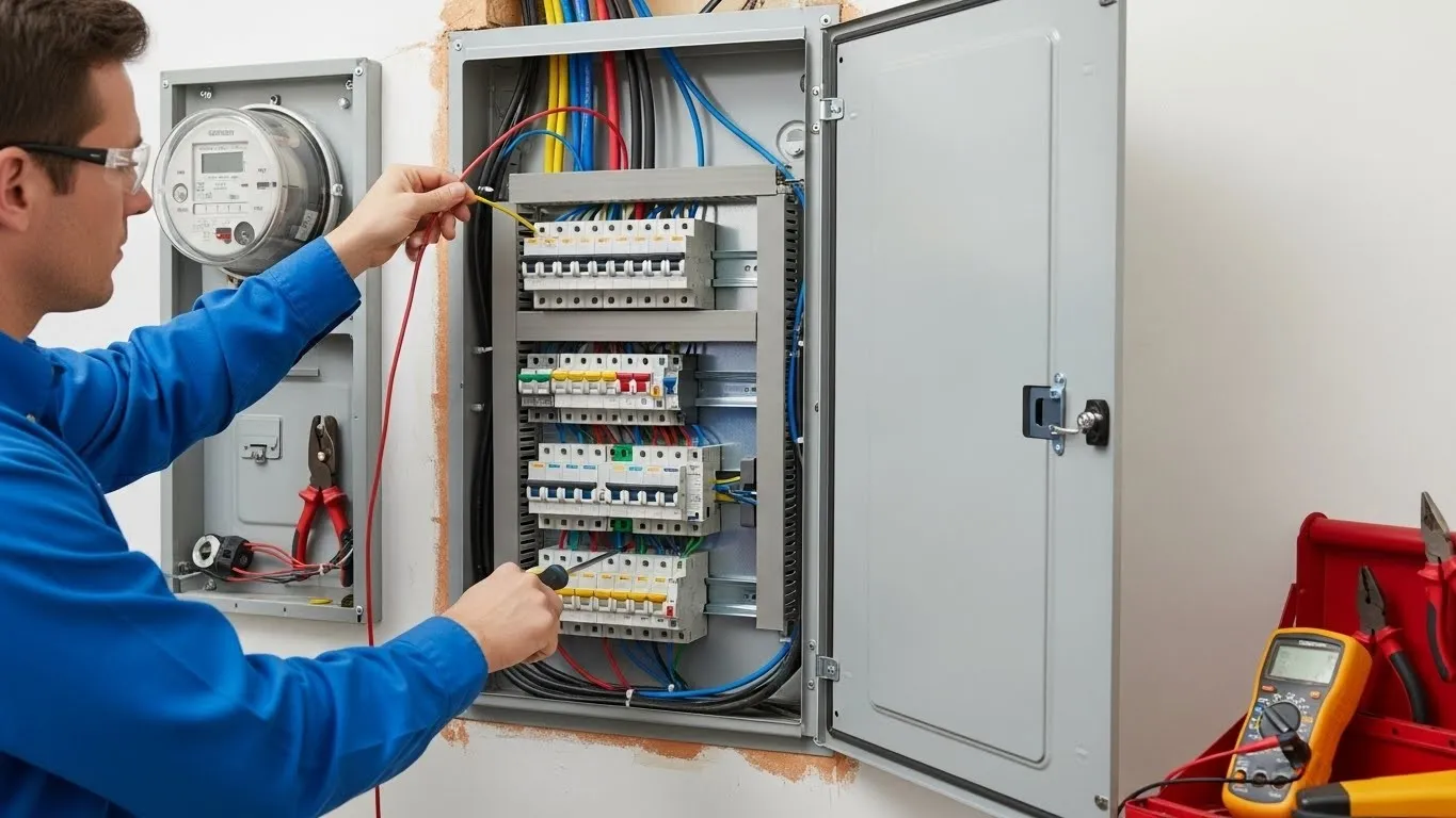 Electrician working on electrical breaker panel.