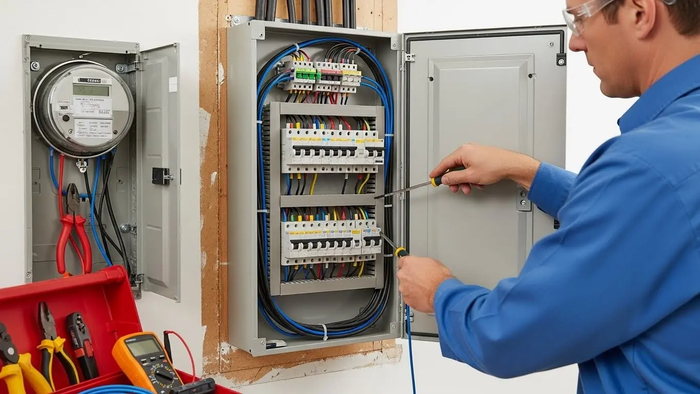 Electrician inspecting electrical circuit breaker panel.