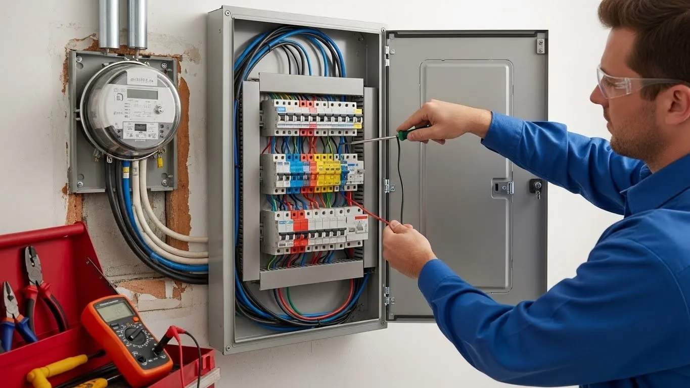 Electrician working on electrical breaker panel.