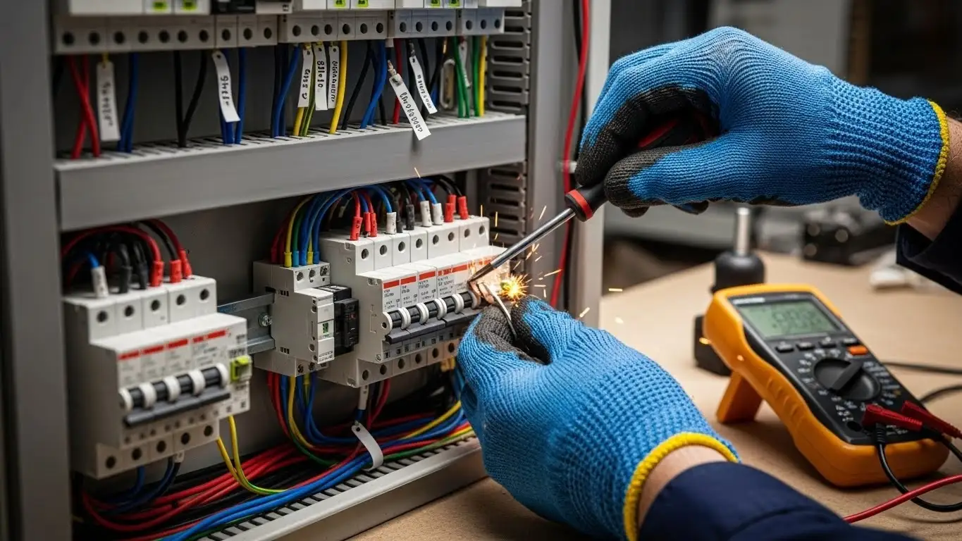 Technician testing control box circuit.